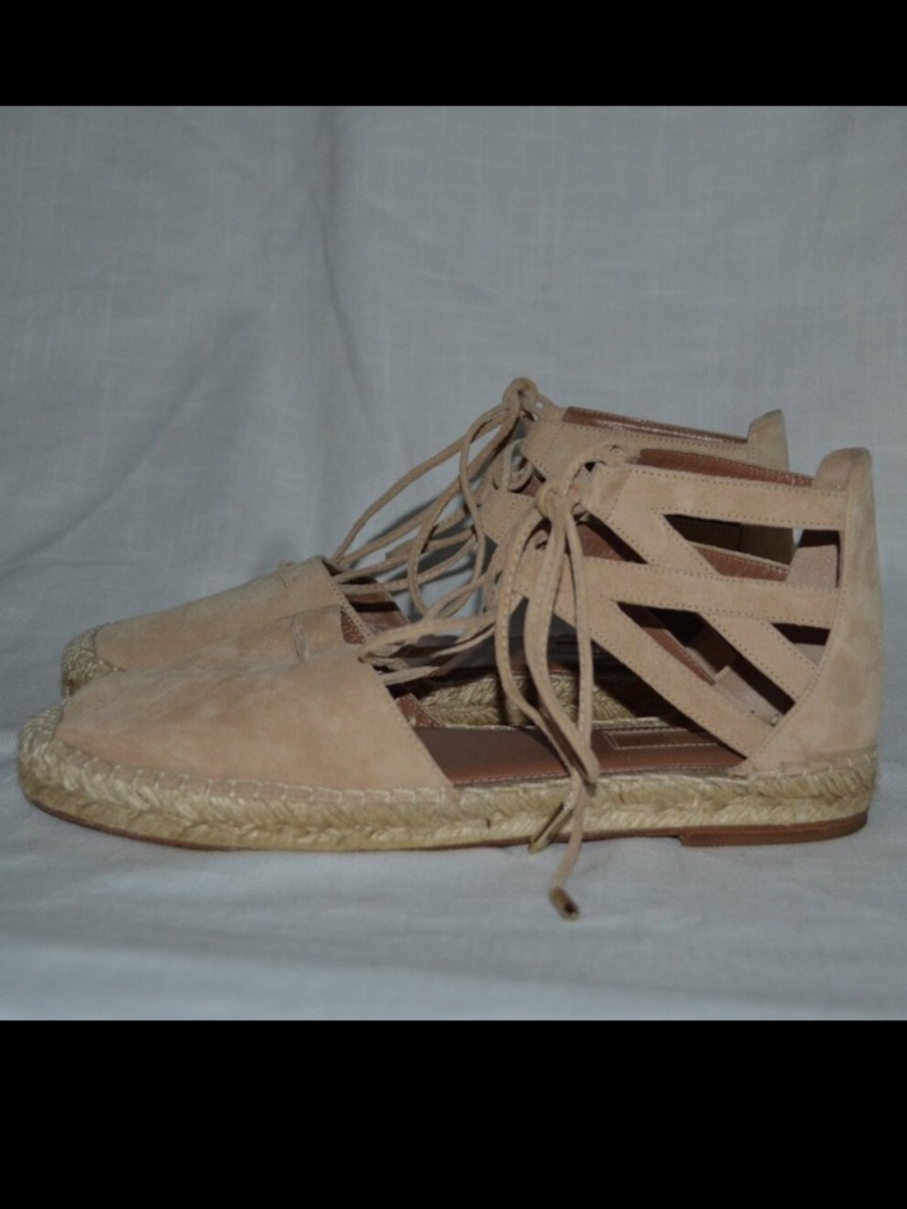 $495 Sz 36.5 6.5 Aquazzura Tan Suede Belgravia Lace Up Espadrille Sandals